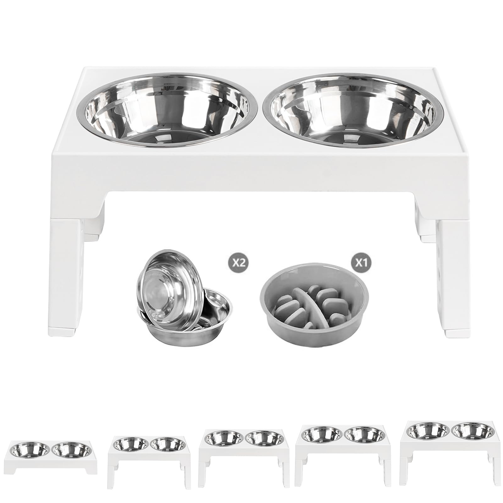 PETCUTE Comedero Elevado para Perros, Alimentador 5 Alturas Ajustables, 2 Cuencos de Inoxidable,Comedero Perro Elevado con Soporte, Fácil de Instalar para Comida Agua de Macotas,Blanco