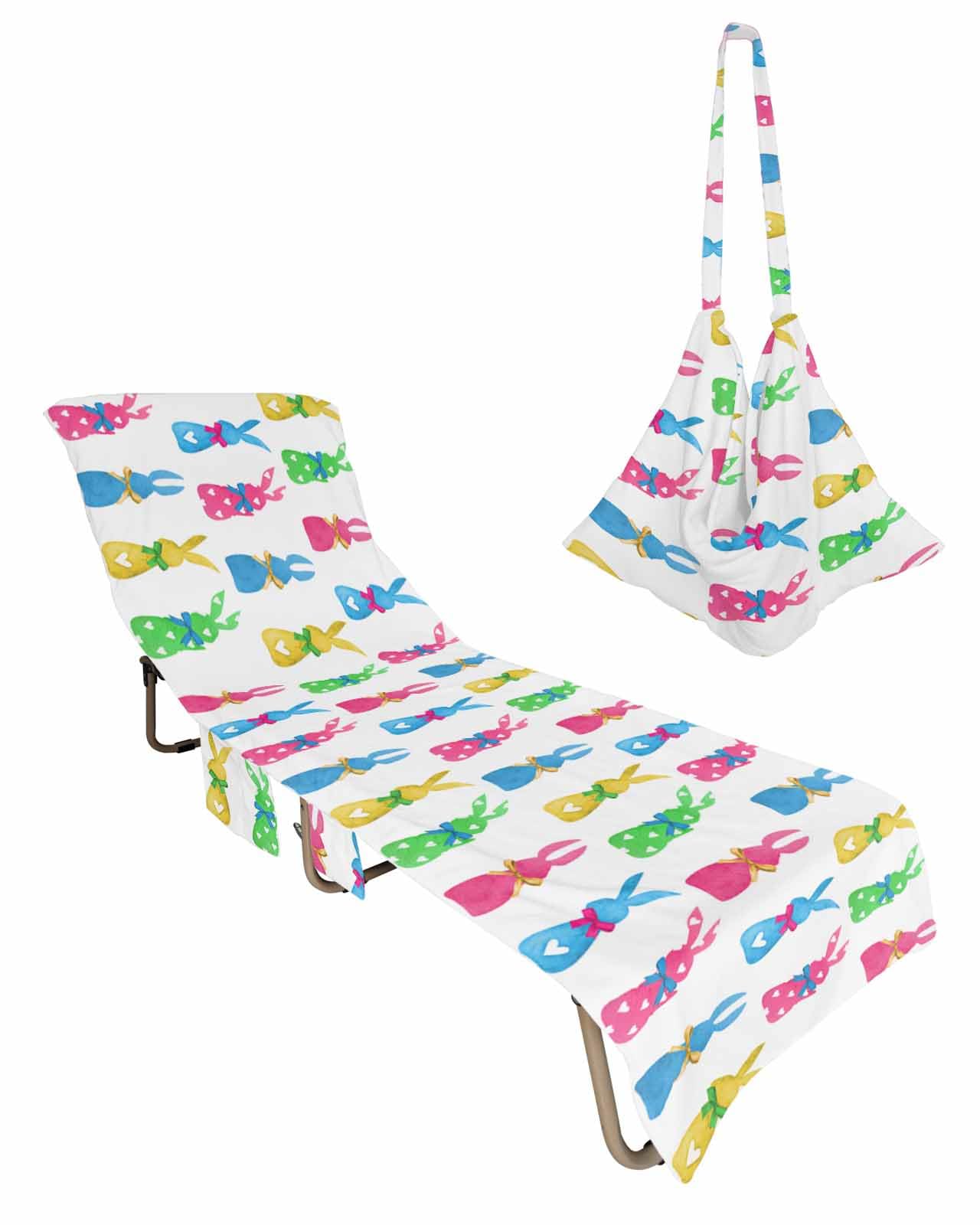 Colorful Bunny Easter Beach Lounge Chair Towel Cover, Soft Chaise Lounge Towel with Side Pockets Patio Pool Chairs Cover for Beach/Pool Sunbathing 29x85 Spring Pink Blue Yellow Green