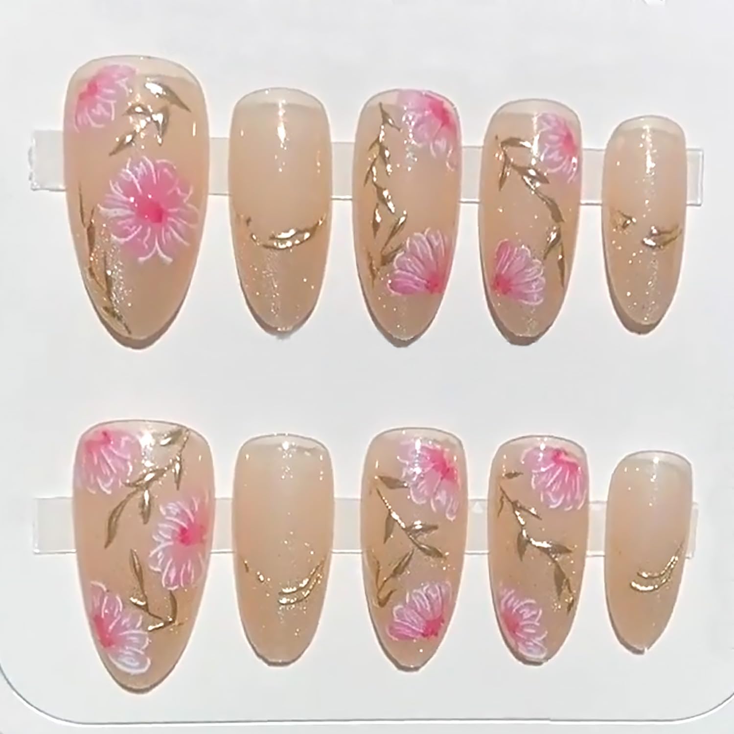 30Pcs Pink Flower Press on Nails Medium Almond Fake Nails with Gilding Branch Design 3D Full Cover Artificial Glue on Nails Spring Summer False Nails