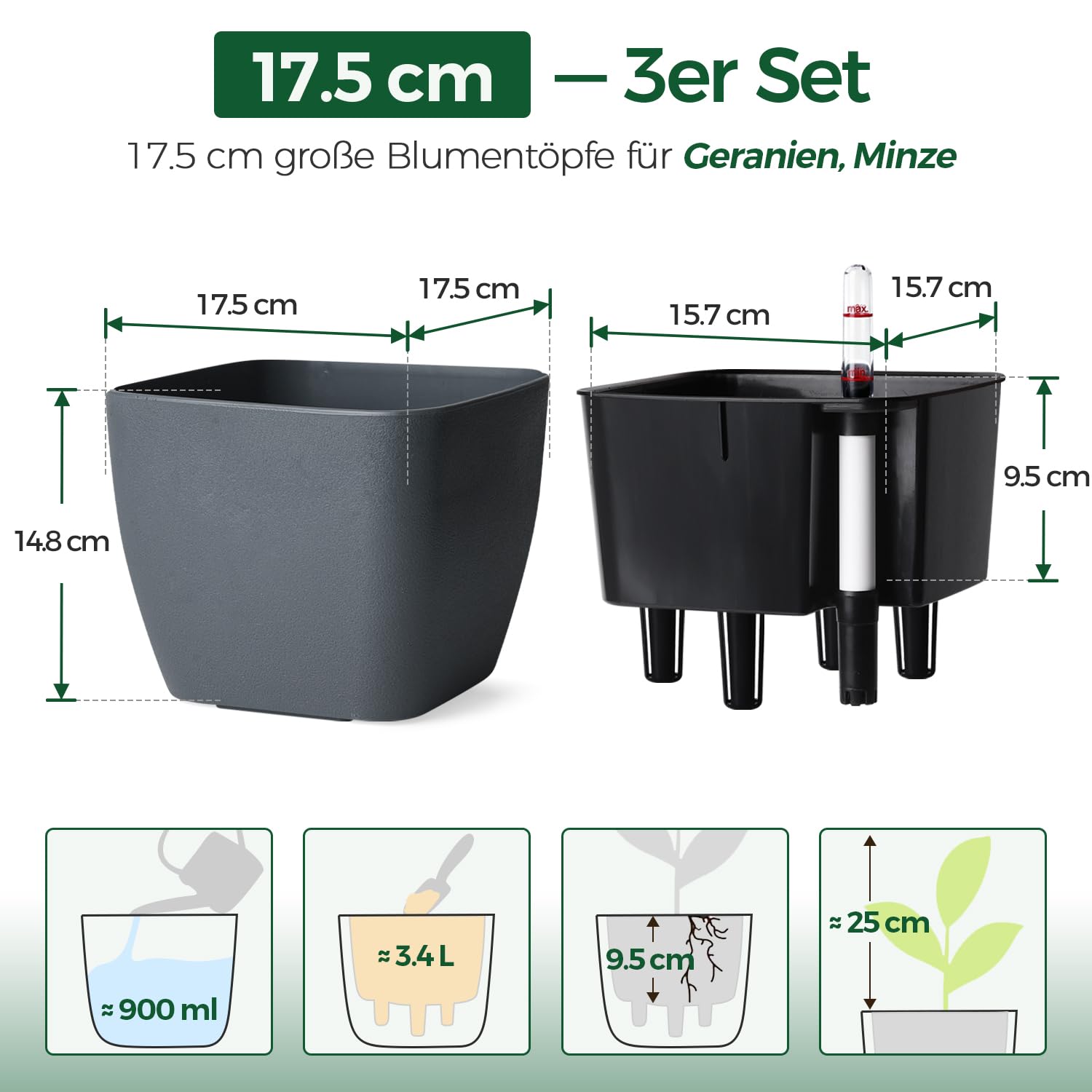 T4U 3Pcs 17,5cm Eckig Selbstbewässerungstopf mit Wasserstandsanzeige, Praktischer Blumentopf für vielbeschäftigte Anfänger und Gärtner,geeignet für Geranien/Minze für den Innen und Außenbereich (Grau)