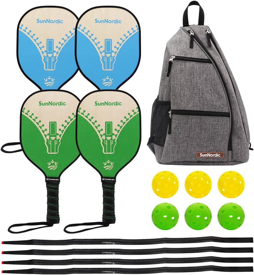 SunNordicWooden Pickleball Paddles Set, USAPA Approved, Wooden Rackets with Pickleballs and Adjustable Carry Backpack for Adults & Kids Indoor and Outdoor Sports