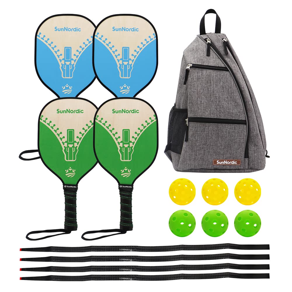 SunNordicWooden Pickleball Paddles Set, USAPA Approved, Wooden Rackets with Pickleballs and Adjustable Carry Backpack for Adults & Kids Indoor and Outdoor Sports