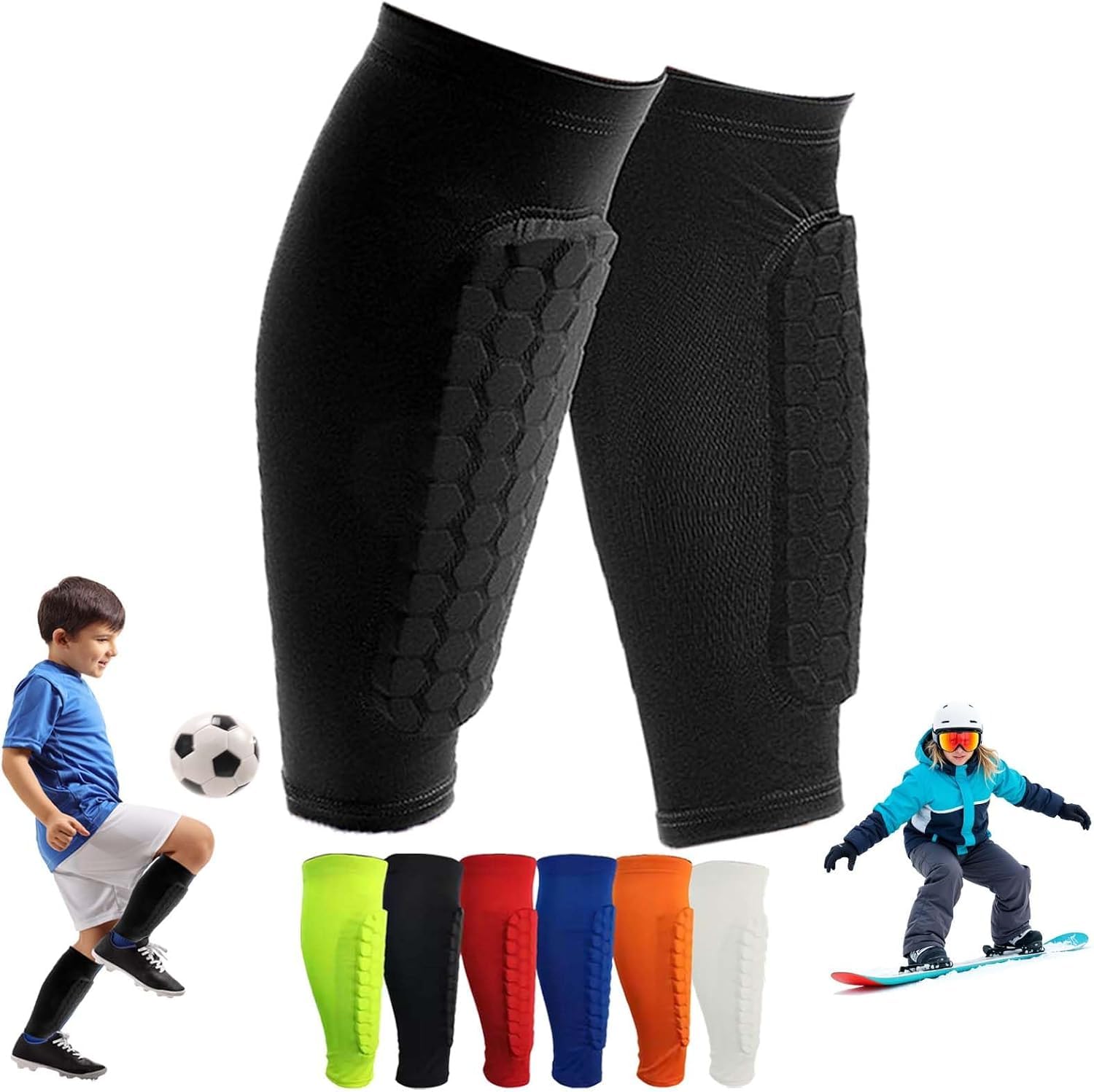 OBVOLO Football Shin Pads for Kids, Youth & Adults Padded Football Shin Guards with Calf Compression Lightweight Protective Gear for Football, Rugby, Baseball - 1 Pair