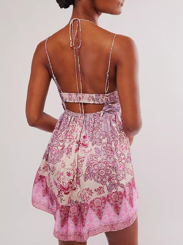 Image of Women Boho Floral Mini Cami Dress Spaghetti Strap Flowy Sling Dress Graphic Backless Summer Holiday Sundress
