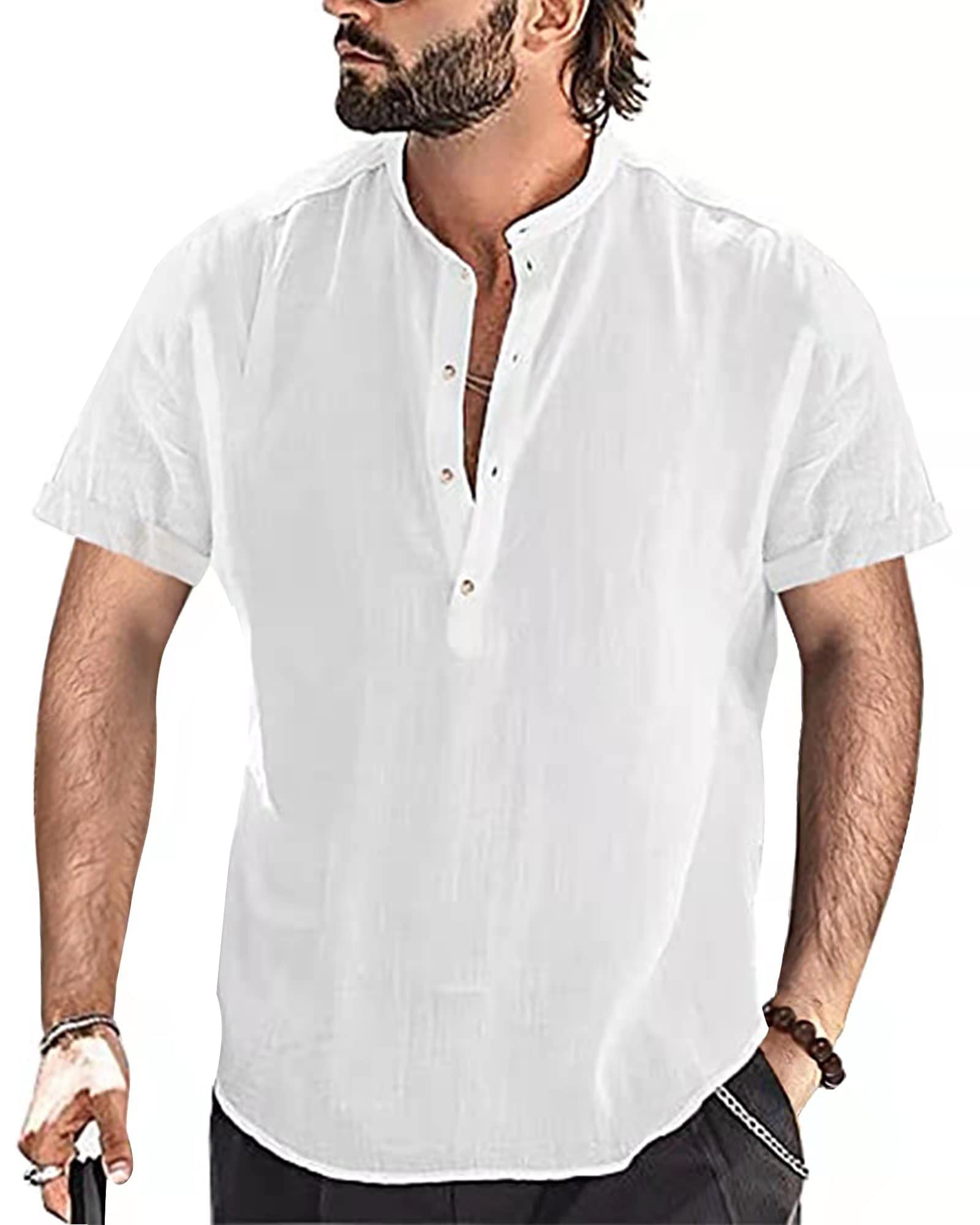 YAOBAOLE Camisa de lino para hombre de manga corta verano Mao casual Henley Camisetas de playa clásica