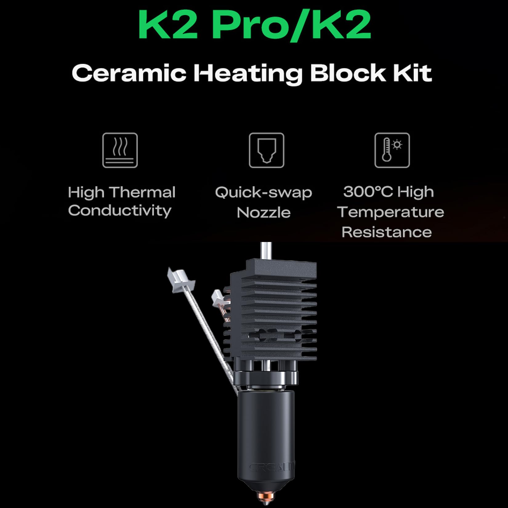 Creality K2 Hotend Ceramic Heating Block Kit, 3D Printer 300℃ High Temperature Resistance Heating Block Kit with Heat Sink and Quick Swap Nozzle for K2/K2 Pro