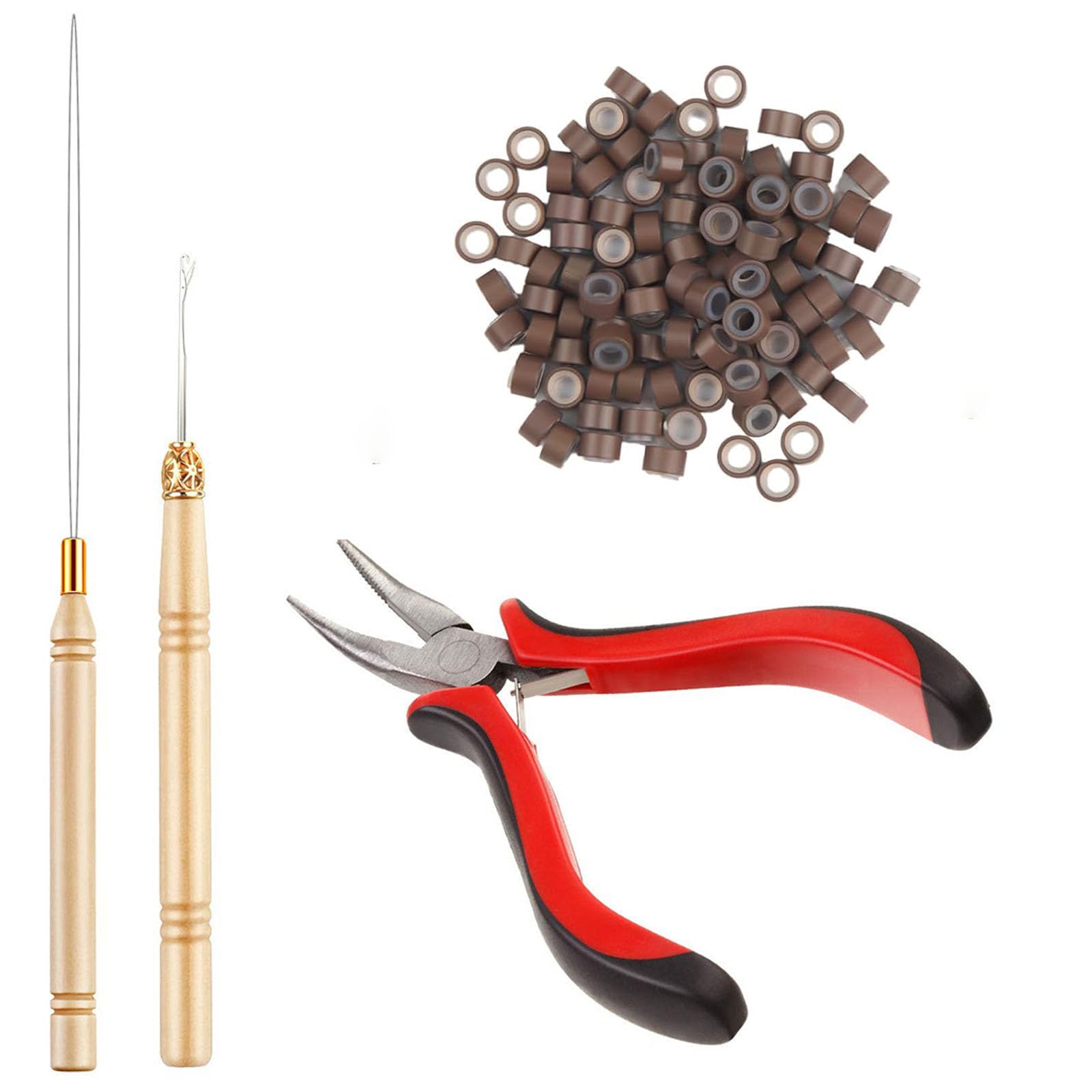 Hair Extensions Tools Kit - Professional Set with Hair Extension Pliers, Loop Threader, 200PCS Brown Silicone Hair Extension Rings/Beads/Links