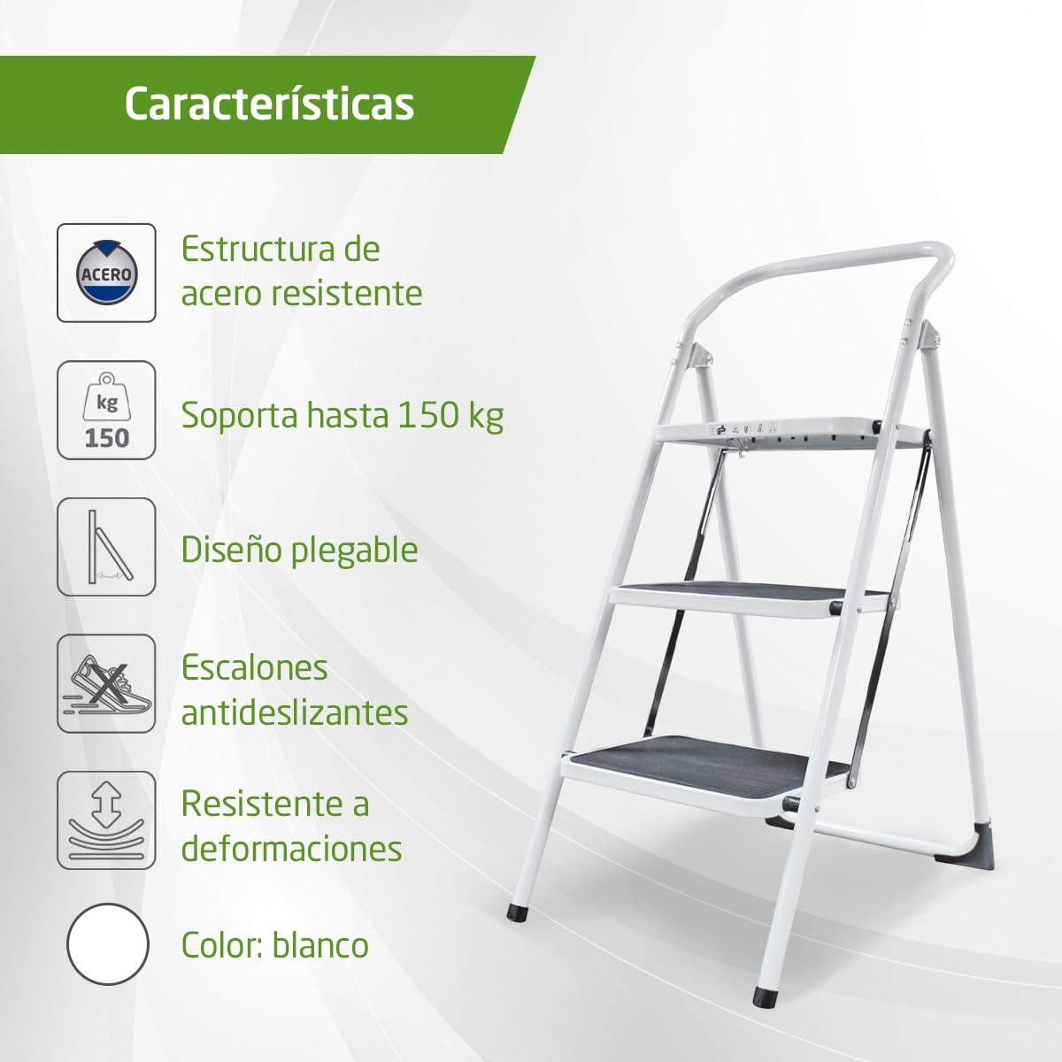 Amig - Escalera Plegable - Taburete de Acero con 3 Peldaños Antideslizantes – Medidas: 72 x 65 x 101 cm - 150 kg - Acabado Blanco con Protectores Negros – para Uso Profesional y Doméstico