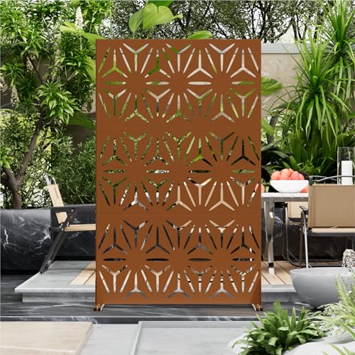 Metal Privacy Screen for Outdoor Freestanding Privacy Screens 72 H x 44 W Patio Metal Fence Panels with Stand Portable Brown Screens for Outside Deck Balcony Garden and Indoor