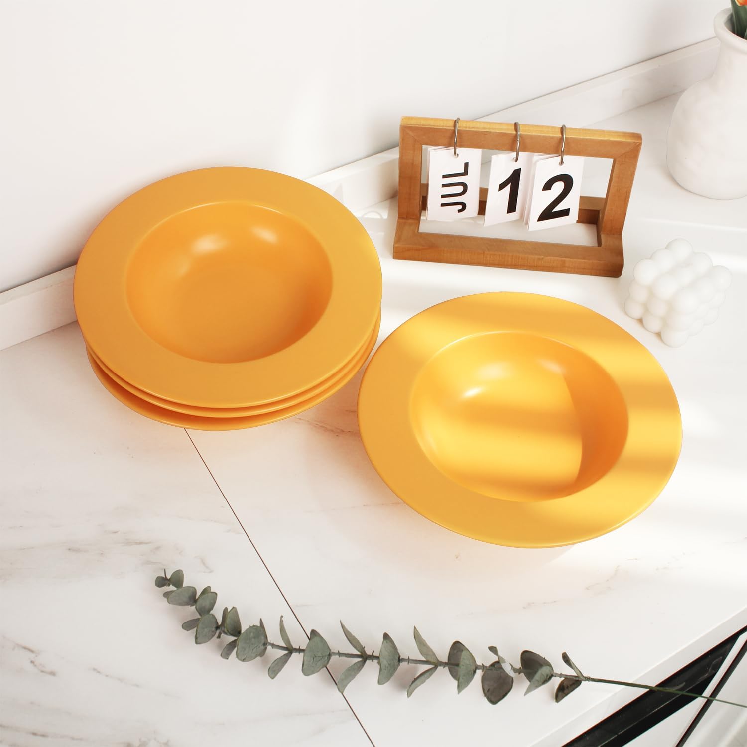 Soup bowl, Salad bowl Set of 4, Embossed Porcelain wide rim bowl, 11.8 oz, microwave and ishwasher afe, best for gourmets and restaurants, Yellow 8.7 Inch