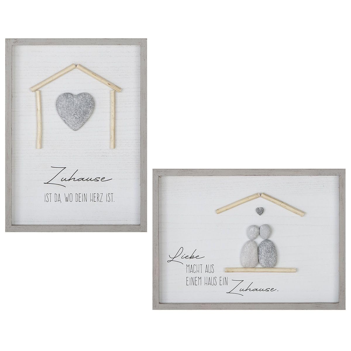 MF Wandbild Set Zuhause, 2er Set Steinbilder mit 3D-Herzmotiv und Sprüchen, 46x33,5 cm, Grau-Weiß