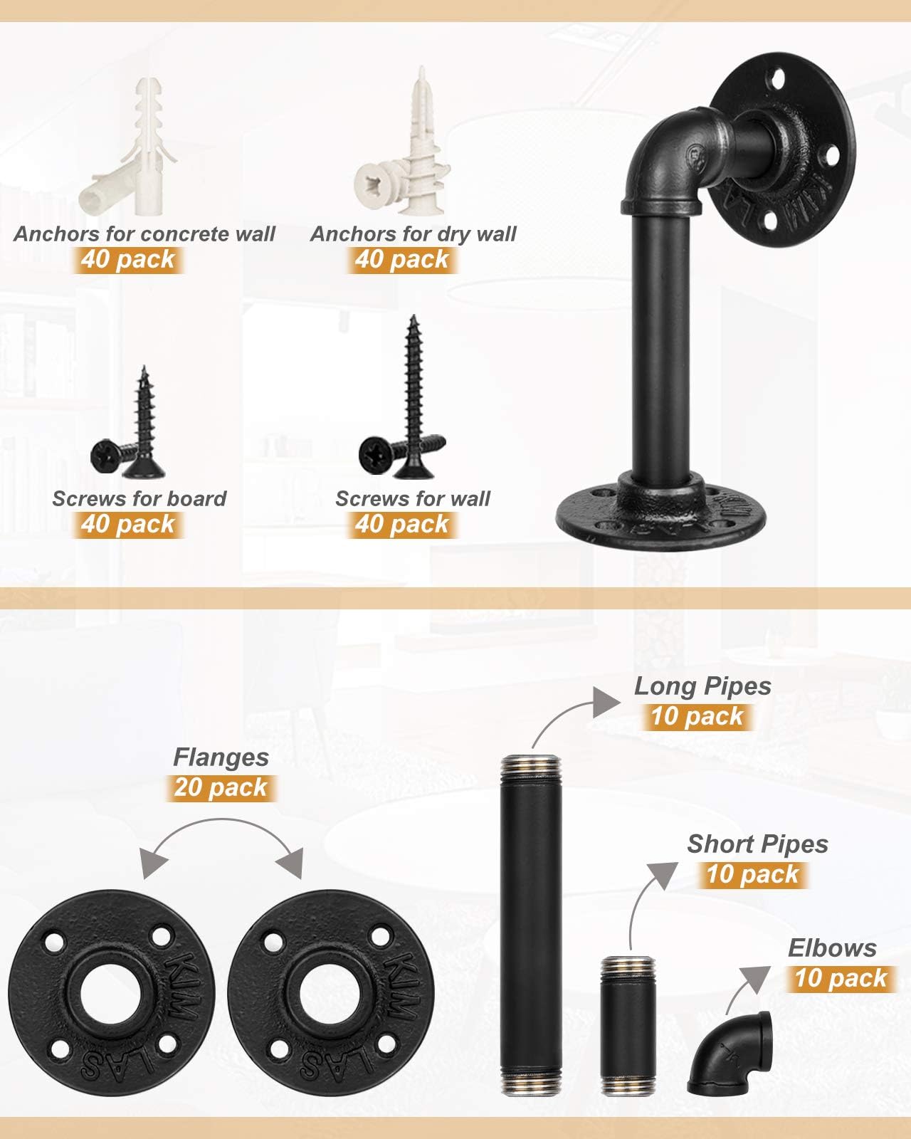LuckIn Paquete de 10 soportes de estante de tubería para estantes flotantes de 8, 10 y 12 pulgadas, soporte de tubería de hierro industrial, soportes de estantería de metal resistente, color negro