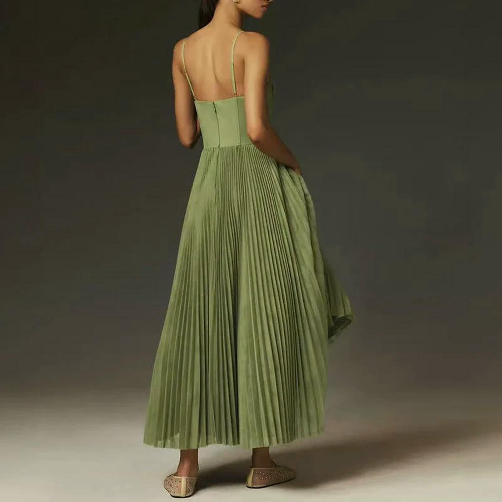 LZROPC Vestido Invierno Mujer Corsé Spaghetti Strap - Elegante Midi Plisado Sin Mangas Para Eventos Formales Y Fiestas, Verde-Talla M