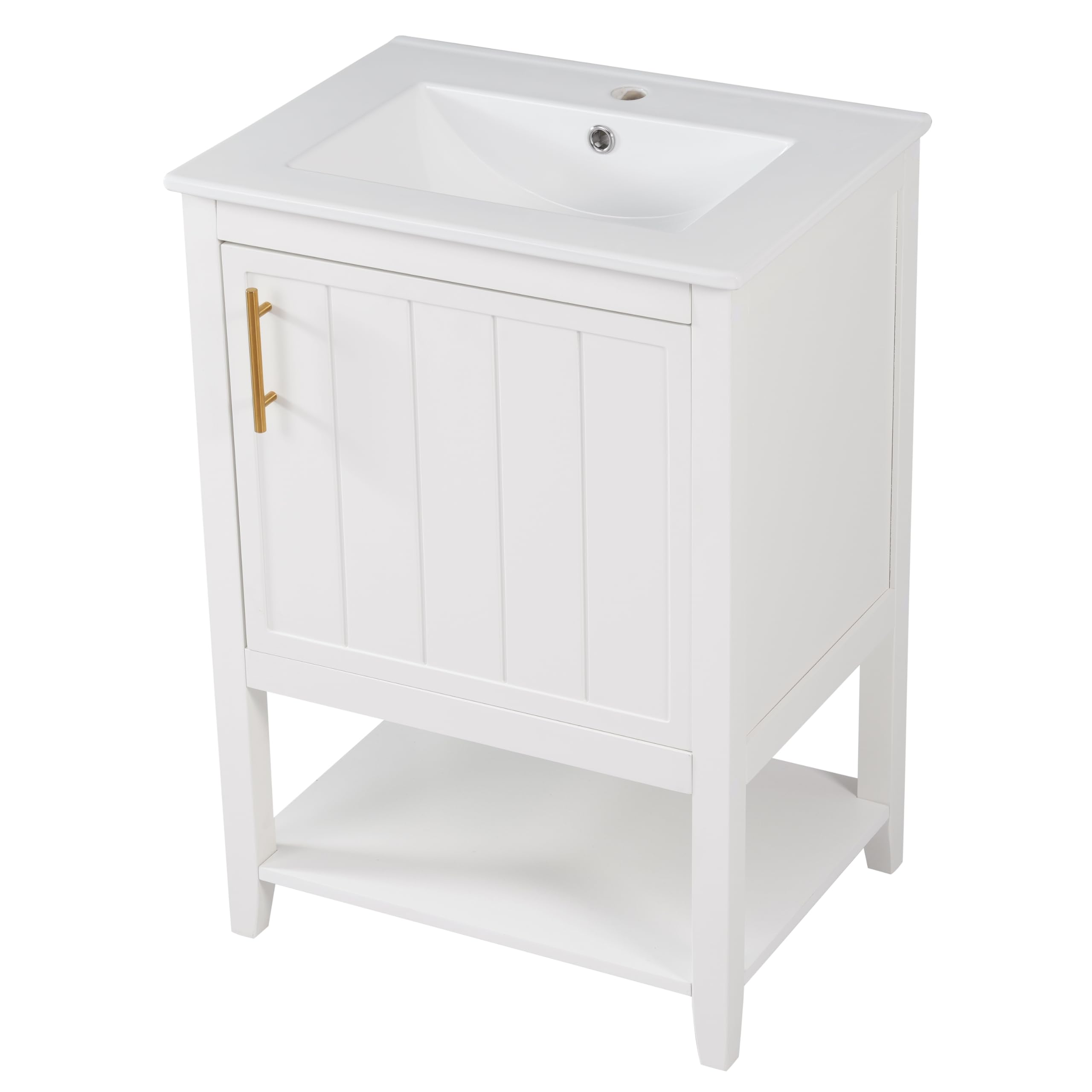 Lexiou Mueble de baño individual para lavabo de 60 cm con lavabo de cerámica, con estante (blanco)