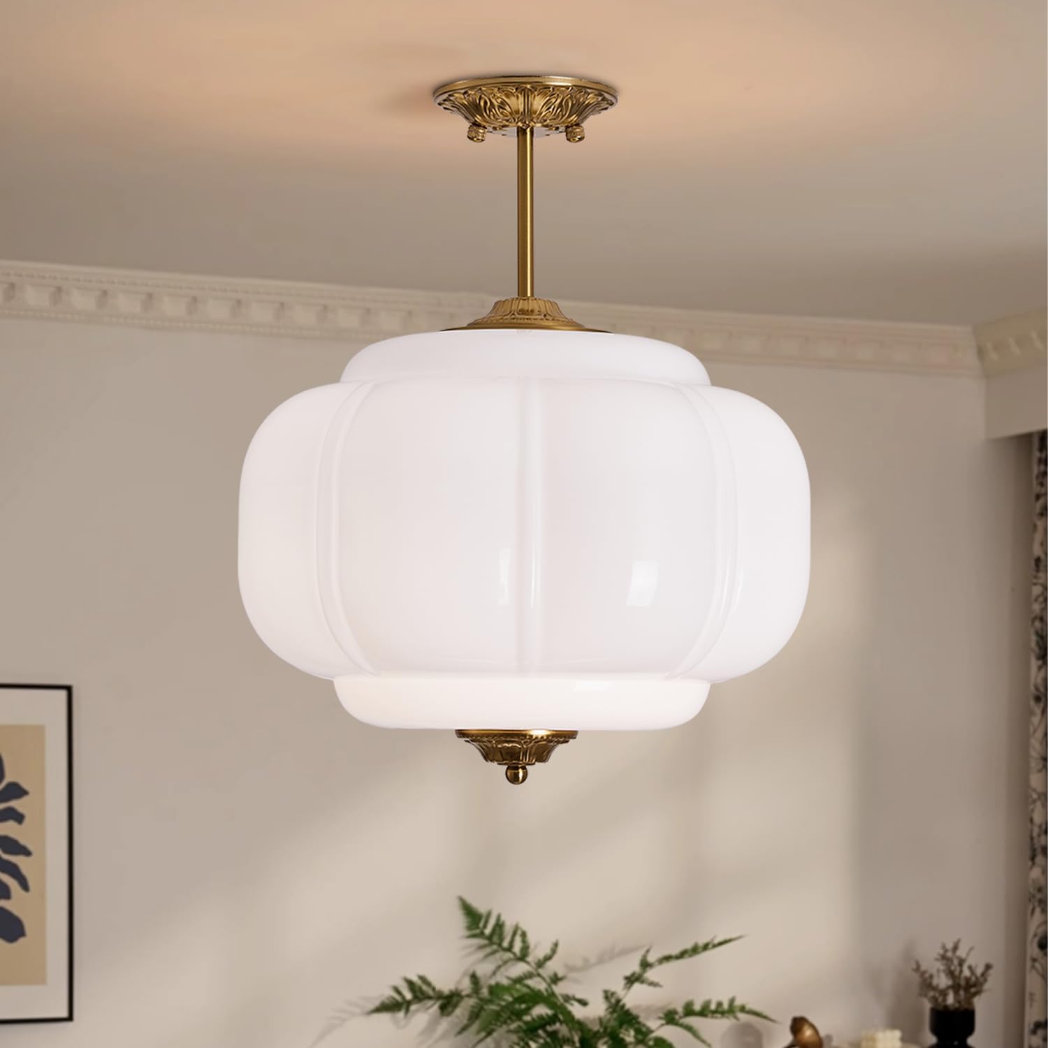 white milk glass ceiling light fixture, 15" vintage pumpkin pendant light with antique brass fixture, mid century semi flush mount pendant light for kitchen island, hallway, bedroom, dining room