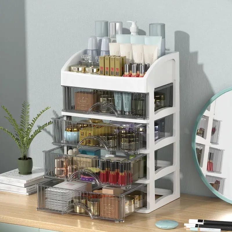 Primetan 4-Layer Plastic Desk Organizer with Drawers | Multifunctional Stationery Holder & Makeup Storage Box | Tabletop Storage for Office & Vanity | Compact 33x22x16.5 cm (White)