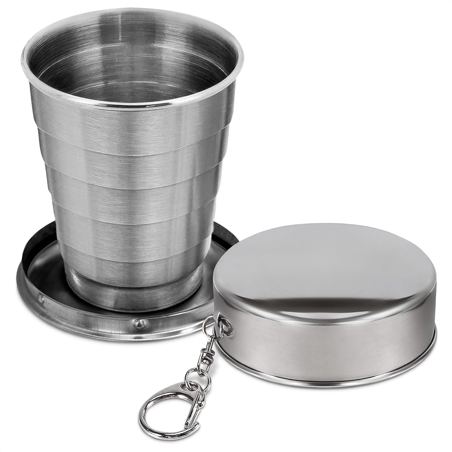 ERZA Small Cups for Traveling Foldable Glass Compact Portable Folding Stainless Steel Travel Mug | Water Cup with Hanging Chain for Camping | Hiking & Outdoor Adventures - 160ml (Pack of 1)-image-36