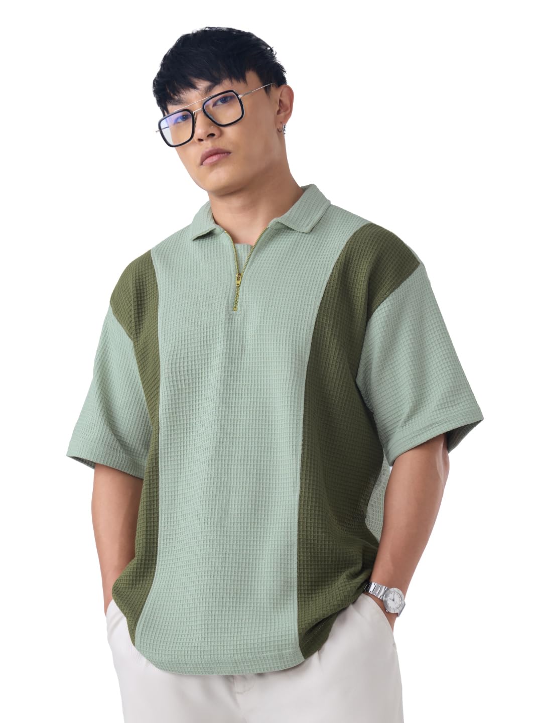 the souled store Smoked Pine Men and Boys Short Sleeve Spread Collar Green Colour-Block Cotton Waffle Texture Lightweight Everyday Oversized Polos-picture-44