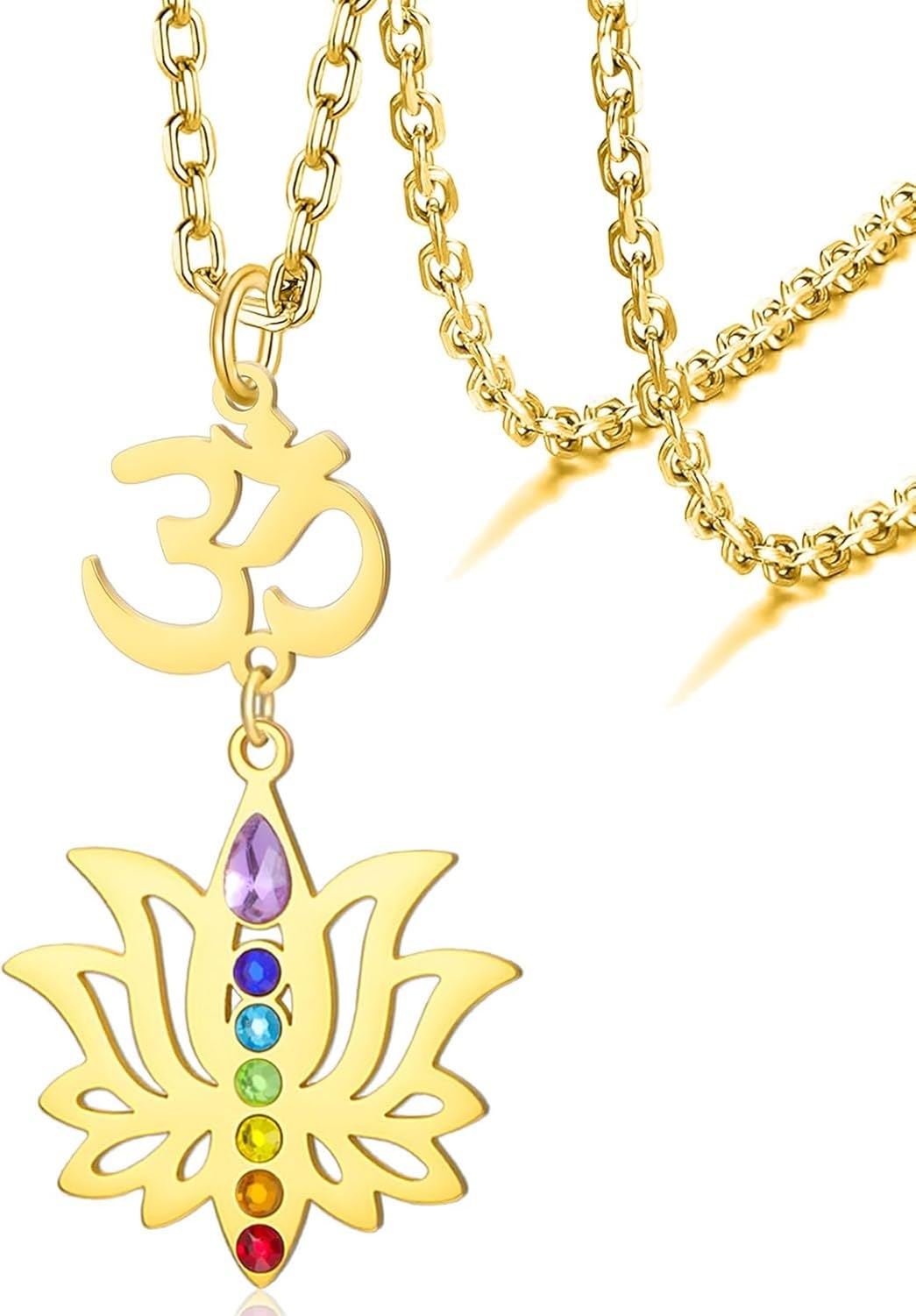HUGGWRT Lotus Flower Chakra Necklace for Women 7 Chakras Pendant with OM Symbol Buddha Amulet Spiritual Healing Jewelry Yoga Meditation Gift, Gold 2