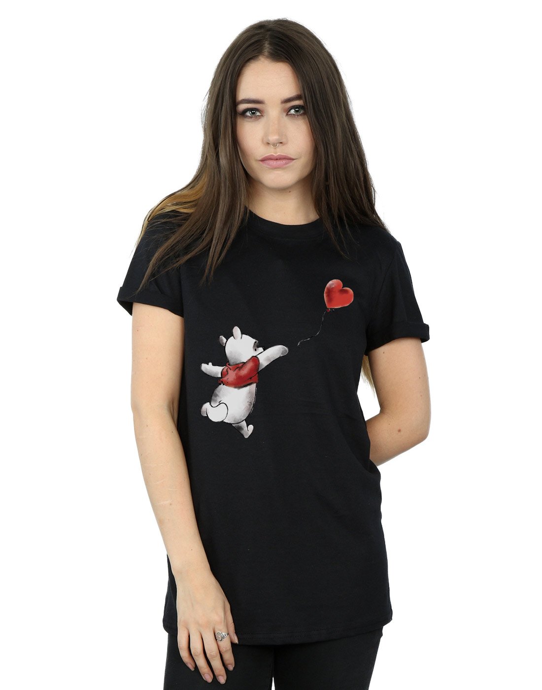 Disney Women's Winnie The Pooh Balloon Boyfriend Fit T-Shirt Black XX-Large