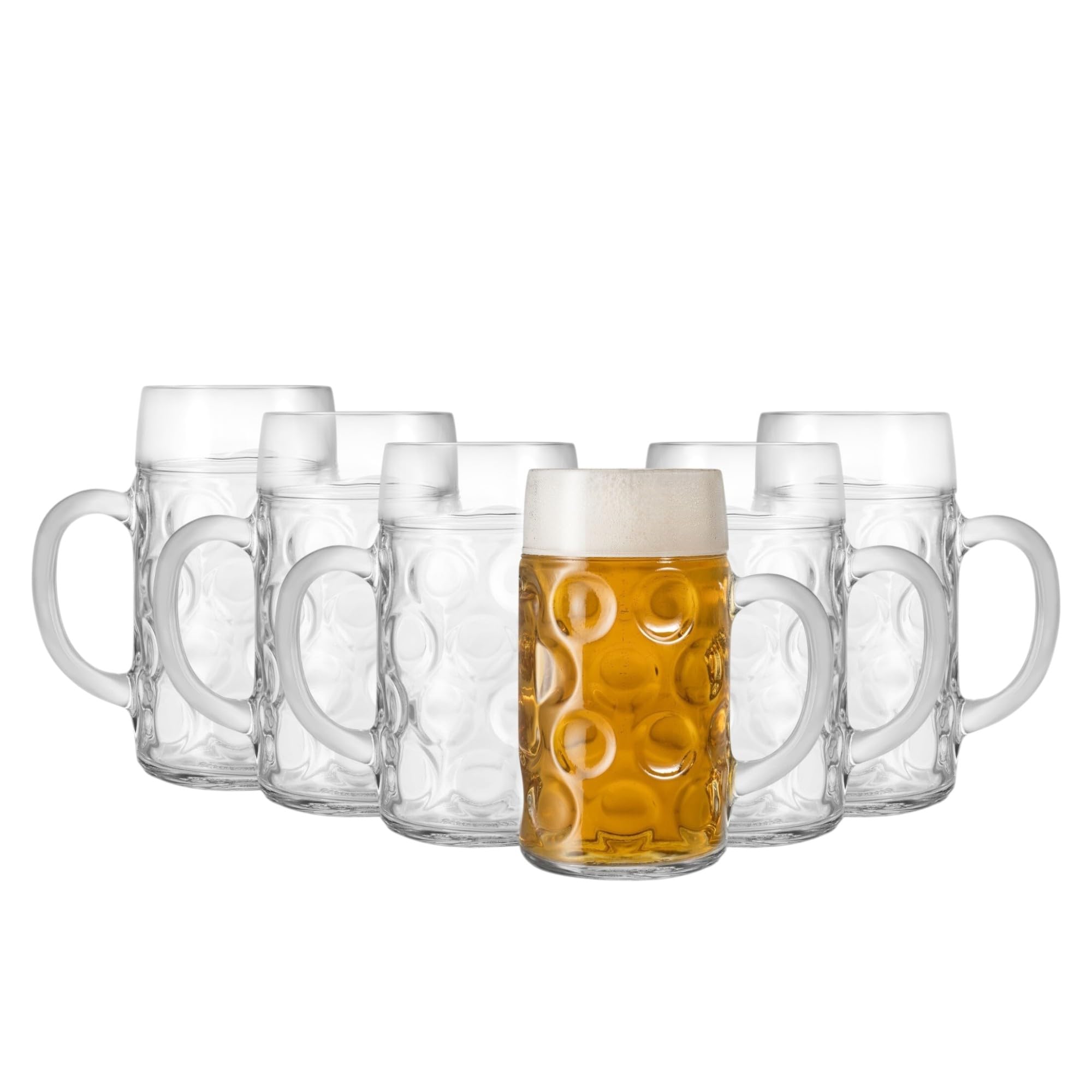 Chabrias Ltd German Beer Stein Glass 1 Litre / 2 Pint - 6 Pack - Large Oktoberfest Style Beer Mug Tankard, Dimpled Extra Clear Glass for Lager Ale Cider, 44oz Brimful, Made in Italy