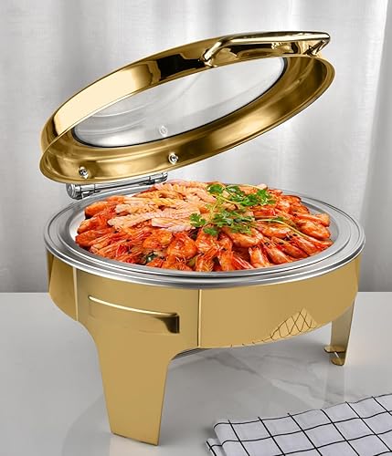 Miniatura 8 de Juego de platos redondos dorados de 6.8 cuartos de galón, de acero inoxidable y calentadores de buffet con bandeja de agua, bandeja para alimentos,
