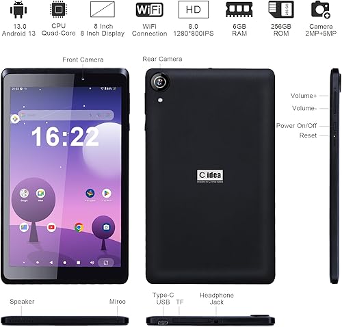 Miniatura 3 de C idea Tabletas de lectura de 8 pulgadas, tabletas portátiles Android 13, tableta inalámbrica WiFi, 2 GB de RAM 32 GB ROM, pantalla táctil IPS de