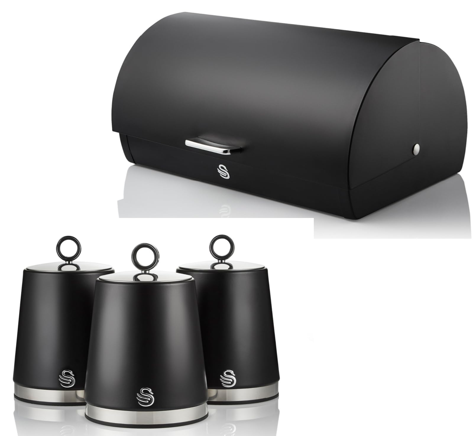 Swan Black Serenity Bread Bin And Tea, Coffee, Sugar Canisters Set. Beautiful Design Kitchen Storage With A Sleek Finish And Polished Stainless Steel Accents