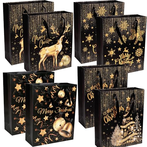 DERAYEE クリスマス 手提 プレゼント袋 8枚セット ギフトバッグ 紙袋 ギフト用 可愛い オシャレ 贈り物 ラッピング袋 プレゼントバッグ Paper bag (ブラック, 26x10*x32cm)