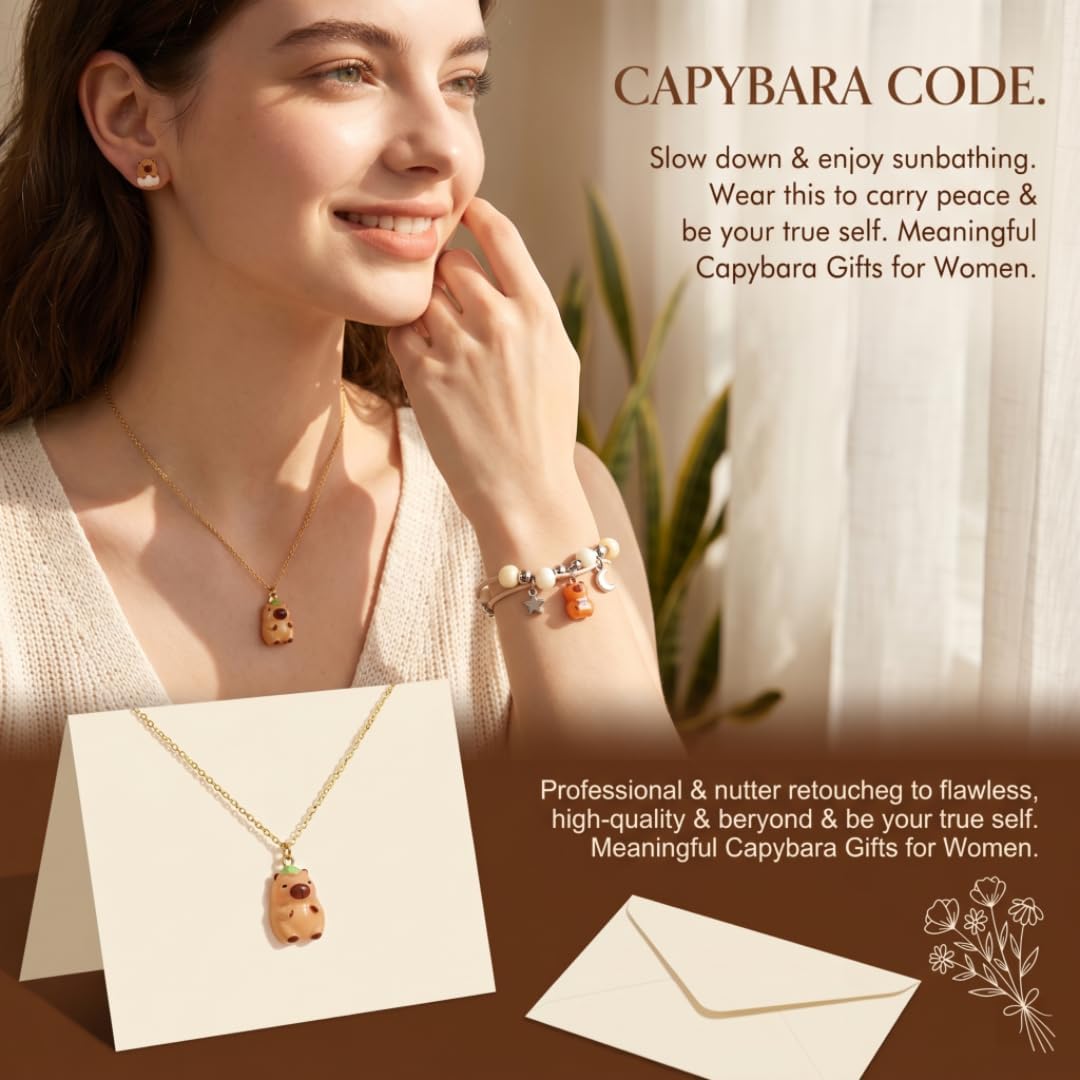 3PCS Kawaii Capybara Jewelry Set, Cute Capybara Necklace Earrings Bracelet, Anime Animal Charm for Women