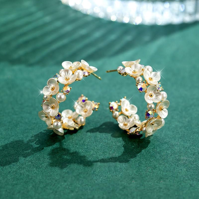 Crystal Flower Pearl C Shape Hoop Earrings for Women Statement Rhinestone Floral Clover Open Stud Earrings Wedding Birthday Jewelry - Image 6