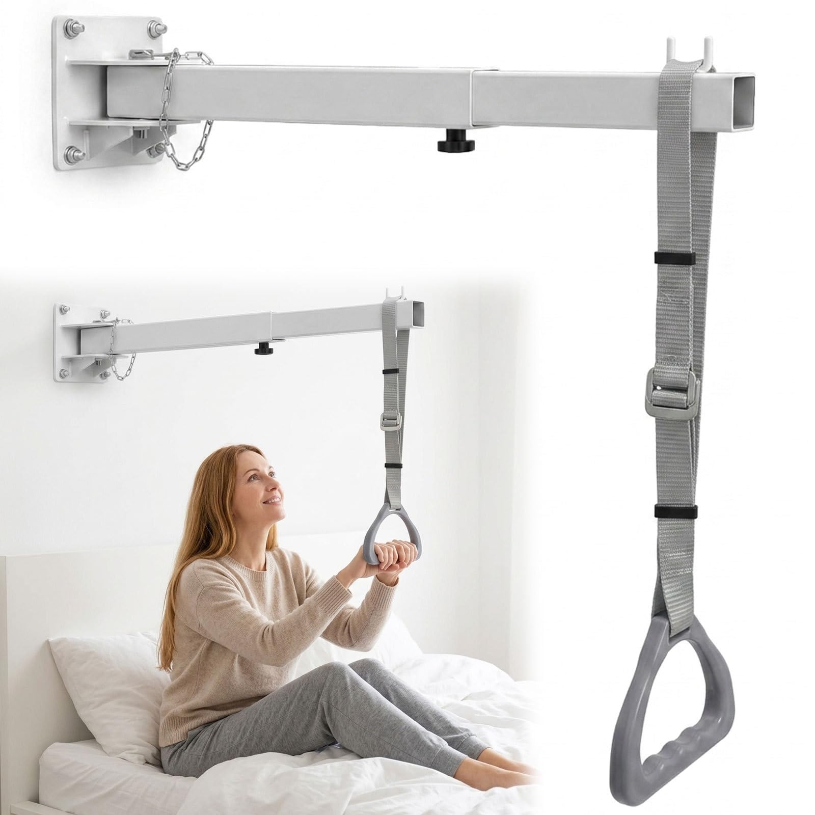 Supporto per alzarsi per anziani, asta trapezoidale per letto, supporto per letto, montaggio a parete, mobile autoportante con manico triangolare, altezza regolabile (fino a 90 kg)