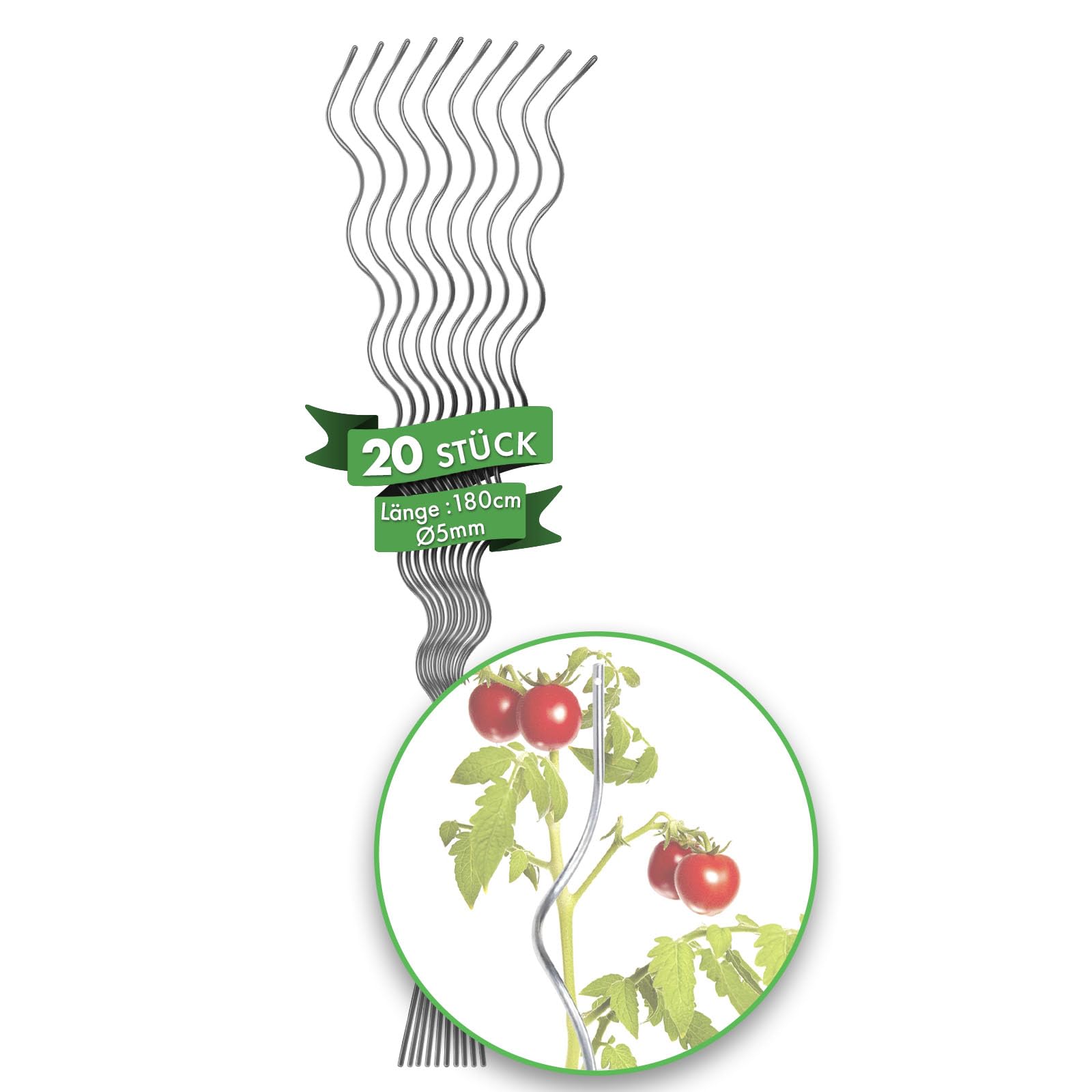 Floordirekt Galvanised Tomato Spiral Rods - 180 Cm Length - Pack Of 20 - Tomato Rod - Spiral Rod - Trellis - Tomato Trellis - Plant Stake Made Of Steel