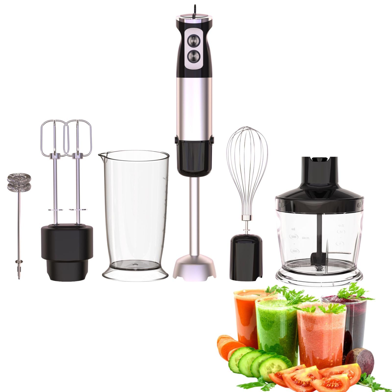 Immersion Blender Handheld, 6 in 1Hand Blender 600W 12 Speed Mode Stainless Steel Hand Mixer with Stirring Stick Stranded Cup Egg Beater Measuring Cup Frother Double Egger