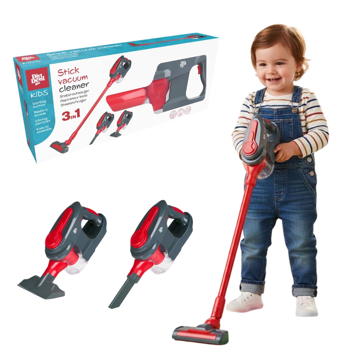 Dirt Devil Aspiradora de Juguete 3 en 1 - Aspiradora Vertical y de Mano con 2 Accesorios - Función de Succión Real y Sonidos Realistas - para Niños y Niñas a Partir de 3 años - Rojo/Gris