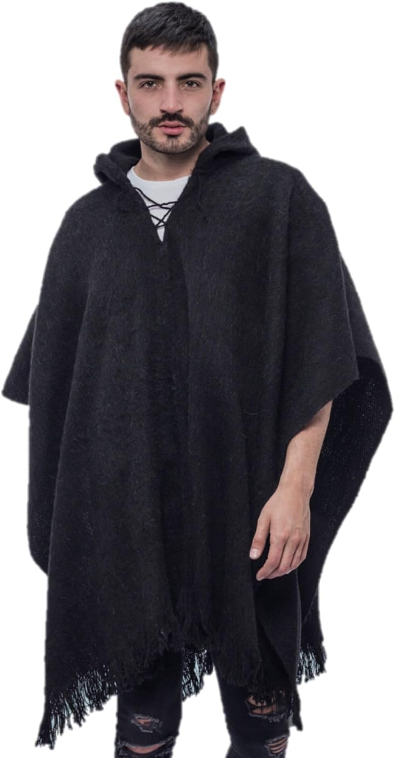 Stylish Alpaca Hooded Poncho for Men Mexican Cloak Morocco