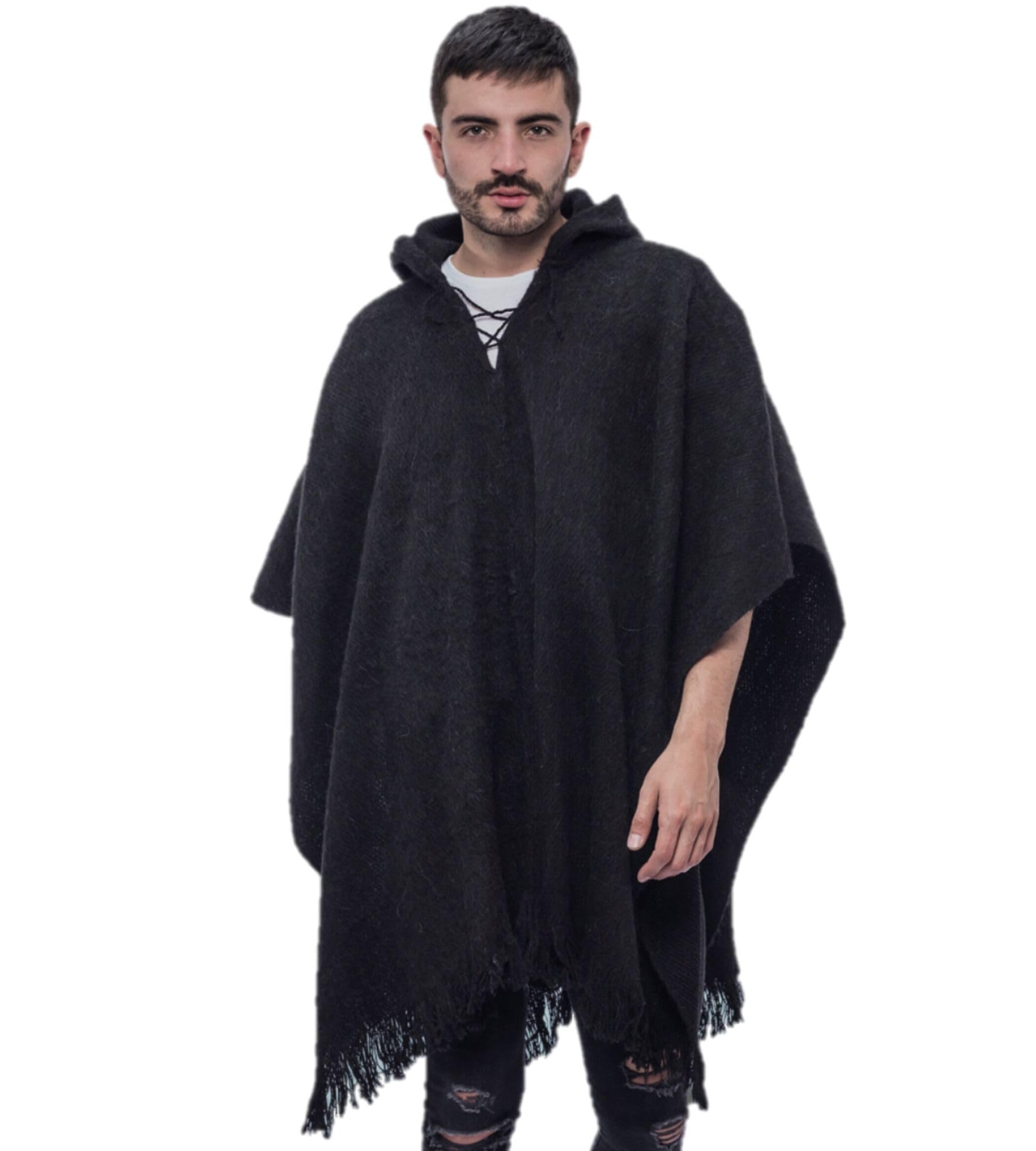 GamboaMens Poncho Cloak with Hood Men Pancho Men Mexican Poncho Blanket Wool Poncho, Grey and White, One size