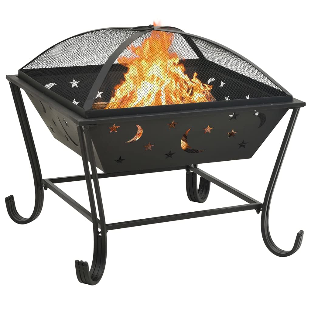 Stahl Feuerkorb XXL 62 cm mit Schürhaken und Funkenschutz für Terrasse, große Feuerschale für langanhaltende Wärme im Garten