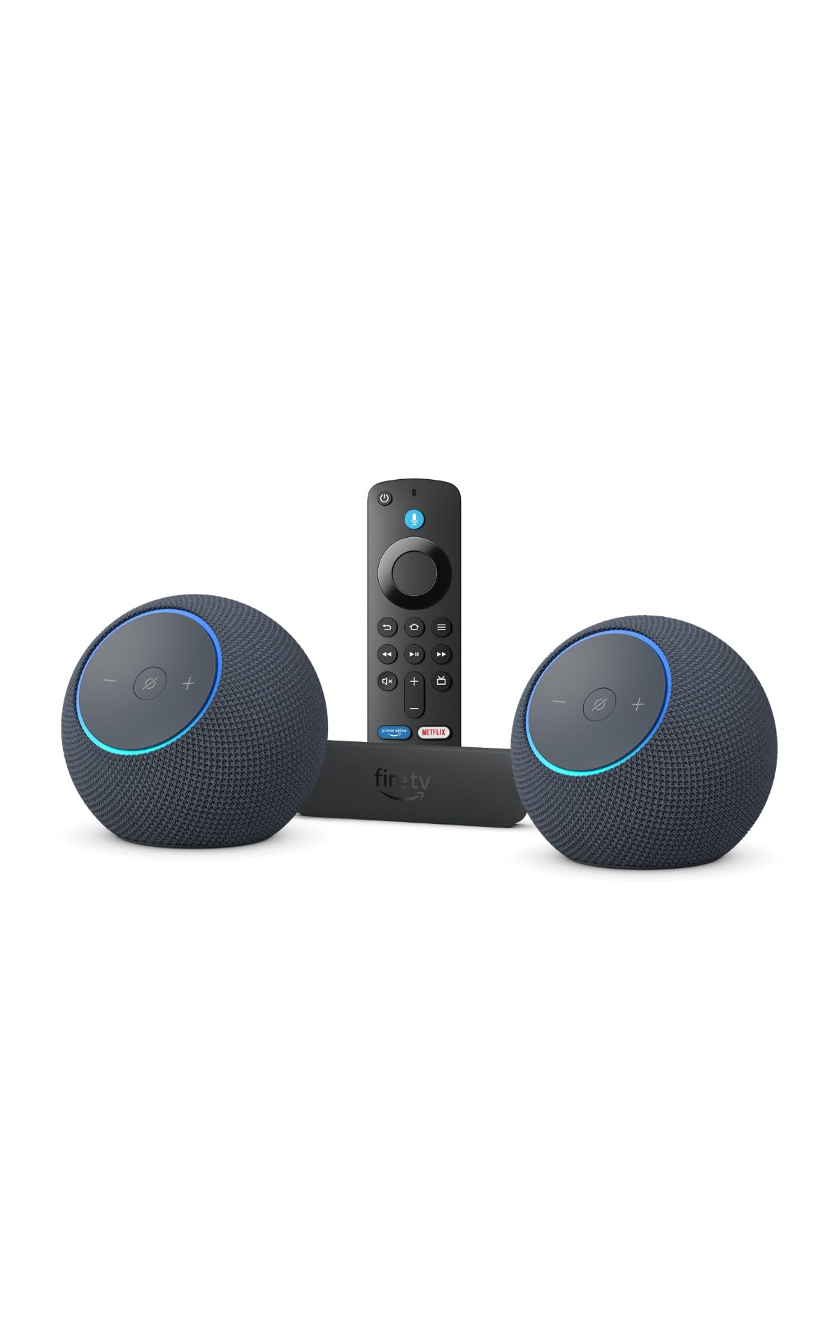 Amazon Echo Dot Max (ultimo modello) x2, Grafite + Fire TV Stick 4K Plus - Usali come altoparlanti TV wireless, con Accesso Anticipato ad Alexa+