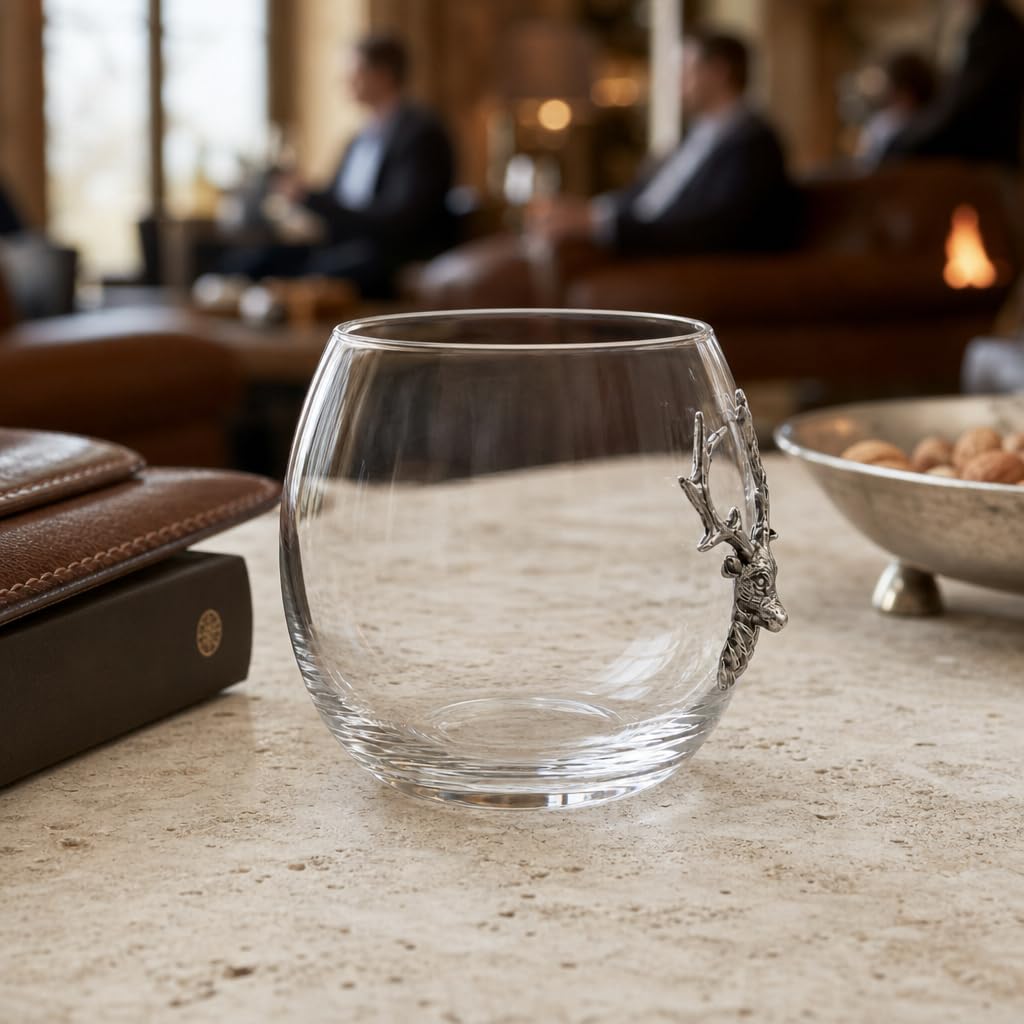 Vagabond House Copa de vino sin tallo de ciervo/alce, cristal soplado a mano de alta calidad, estilo cabaña, perfecta para vino rojo/blanco, 3.25 pulgadas de alto, 12 onzas, mejora tus degustaciones