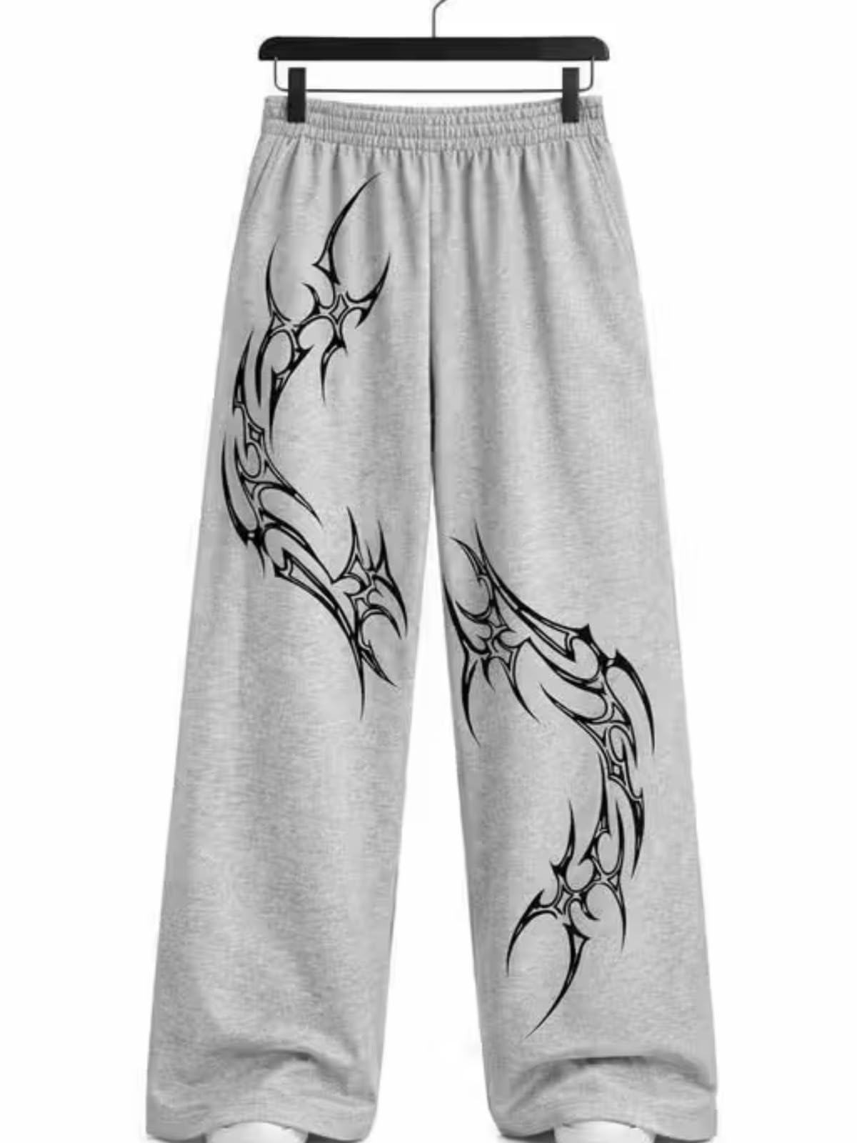Men's Tribal Print Wide Leg Sweatpants, Grey | Elastic Waistband, Streetwear Style, Relaxed Fit, Bold Graphic Print, Casual Wear-picture-11
