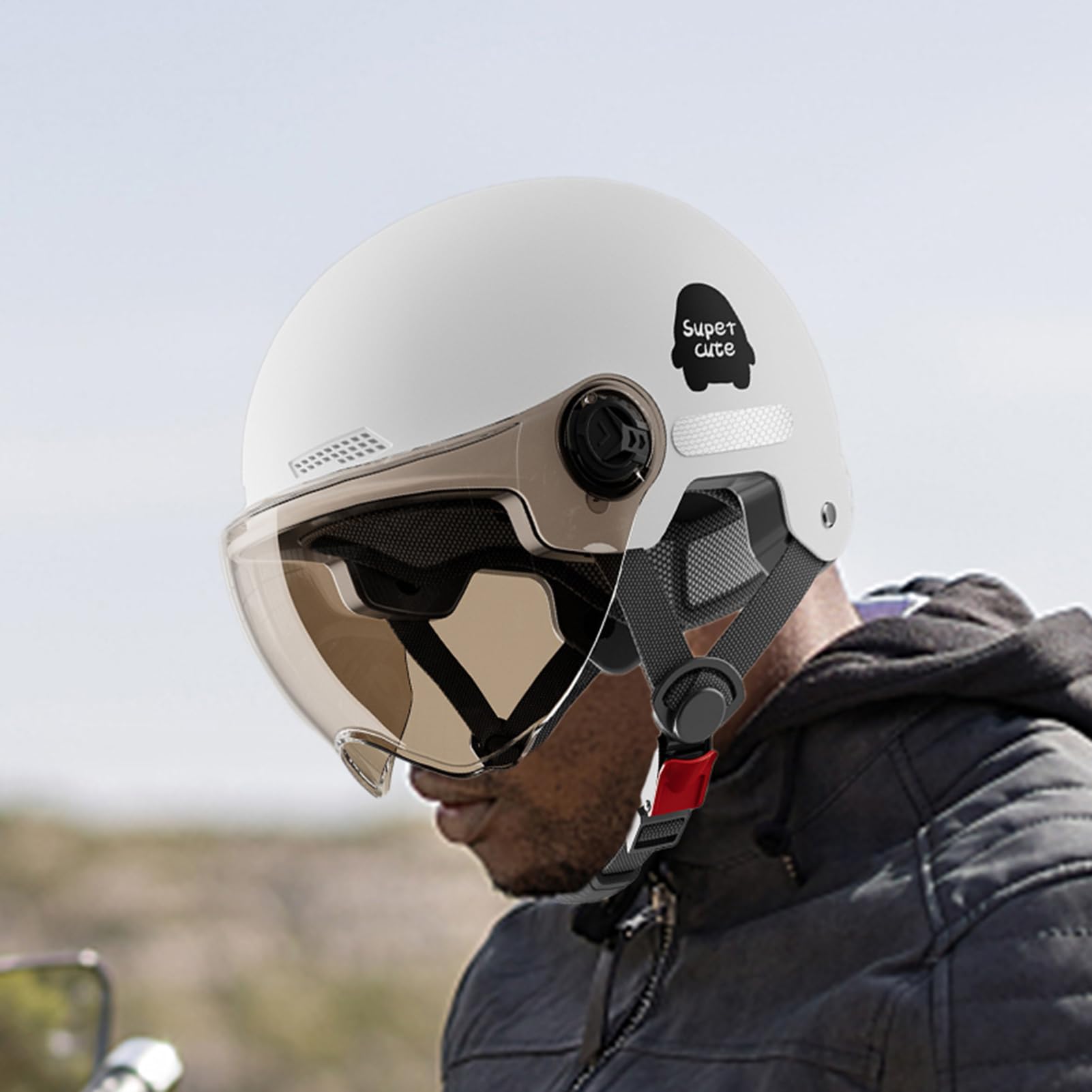 Generisch Casque de vélo ouvert – Demi-casque de moto | Polycarbonate robuste avec mentonnière à dégagement rapide, visière résistante aux UV, système de ventilation aérodynamique pour la sécurité