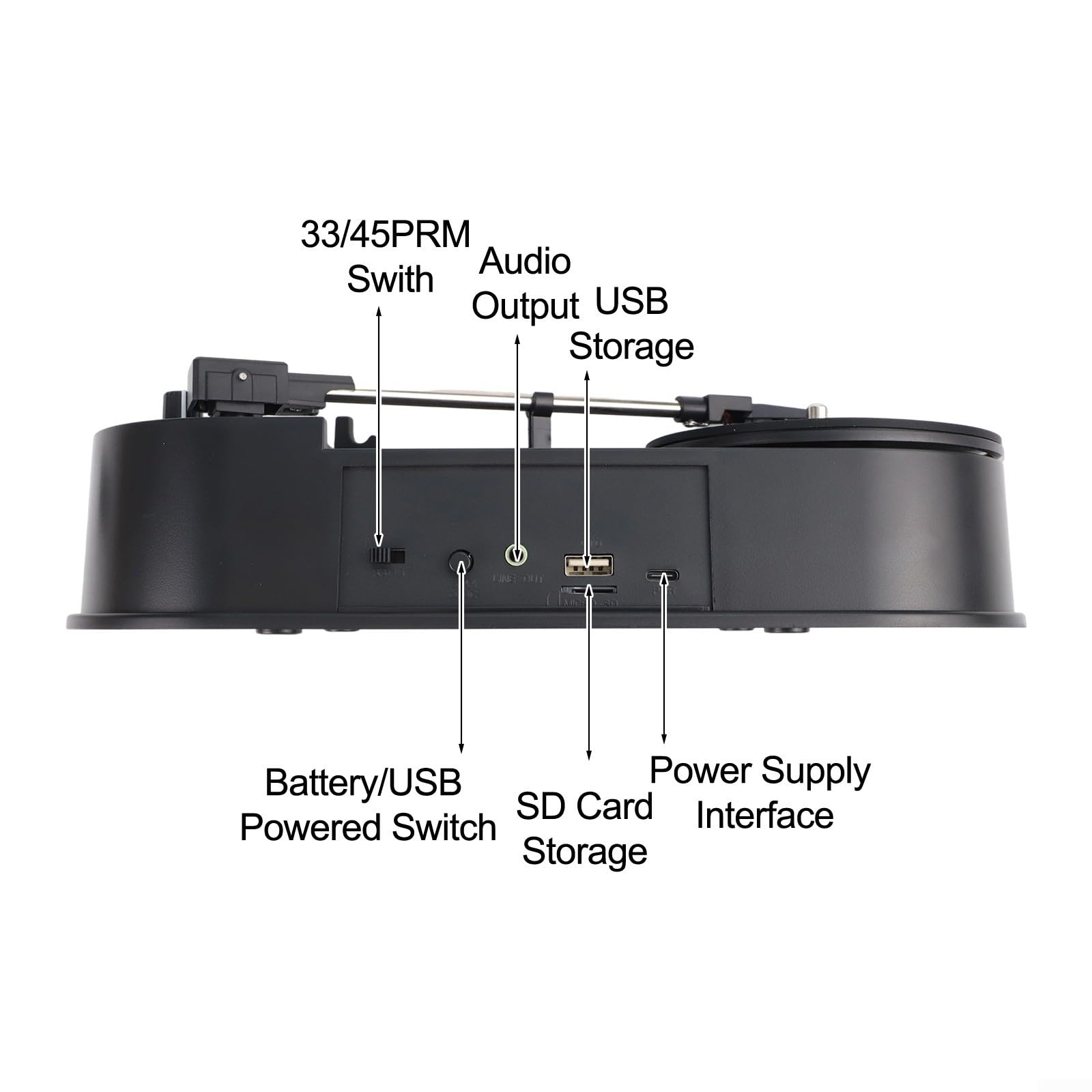 Convertitore da vinile a MP3, 33/45 PRM LP registratore con slot per schede, lettore ABS salvaspazio nero