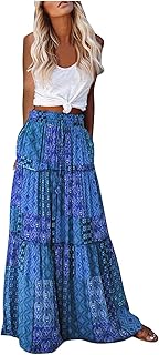 OVARA Boho Maxi Skirts for Women Elasticated Waist Vintage Long Gypsy Skirt Flowy Tiered Full Length A-Line Floral Skirts Ladies Autumn Summer Casual Beach Skirt