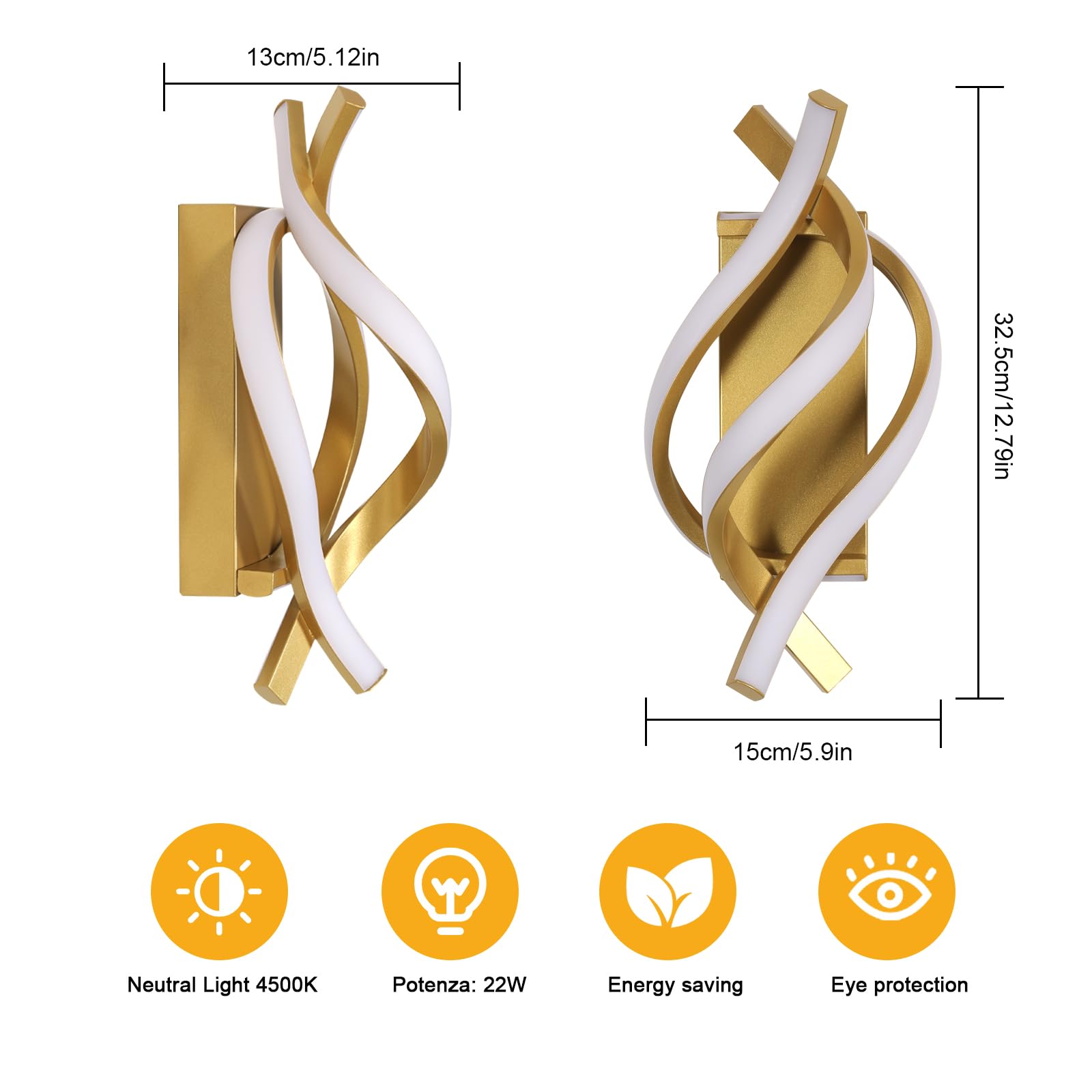Comely 22W 2500LM Wewnętrzna Oprawa Ścienna LED, Złota Wewnętrzna Lampa Ścienna LED, Nowoczesna Oprawa Ścienna Do Sypialni, Salonu, Korytarza, Neutralne Światło 4500K
