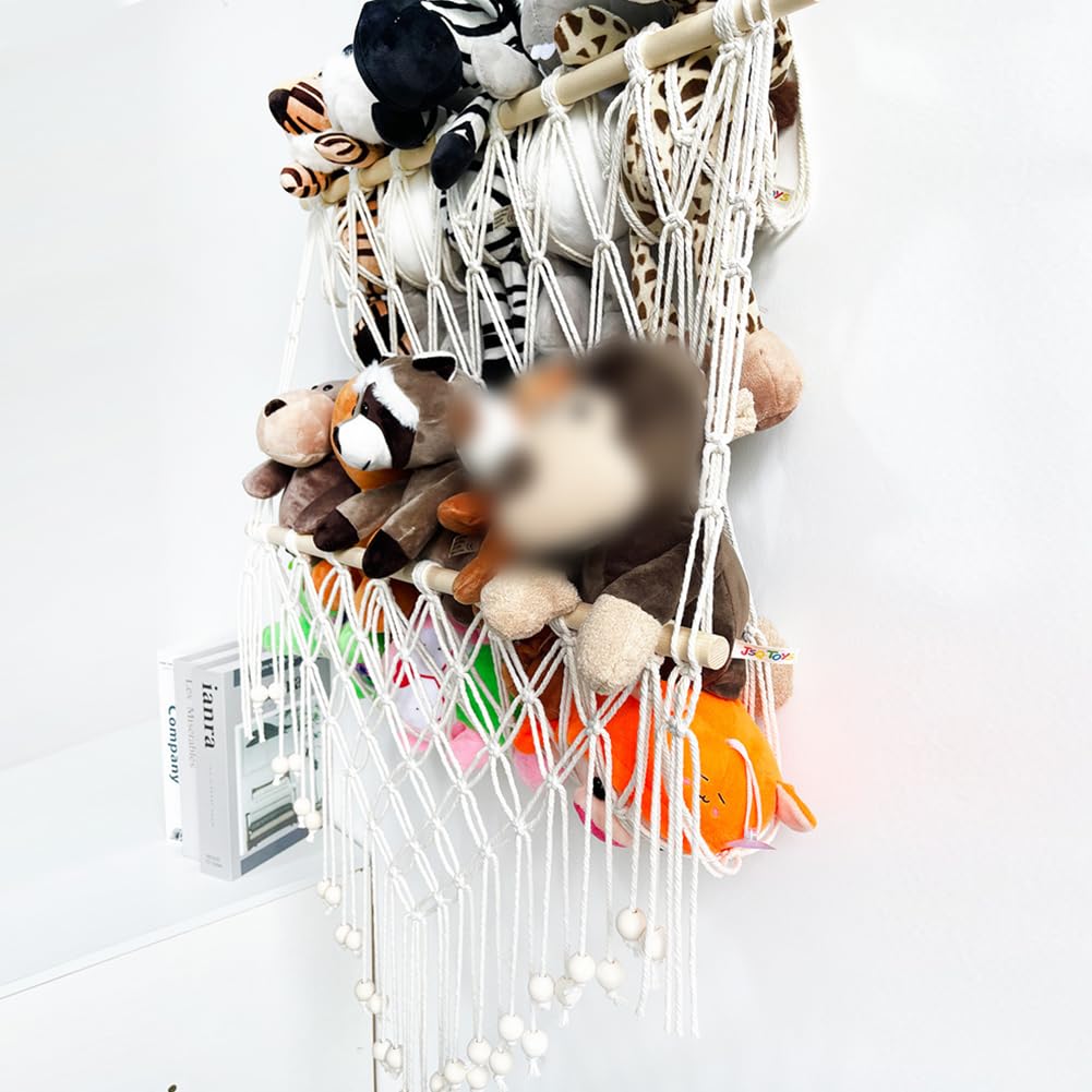 Hamac de Rangement pour Jouets Tissée à la Main en Corde de Coton à Suspendre Support de Rangement Peluche