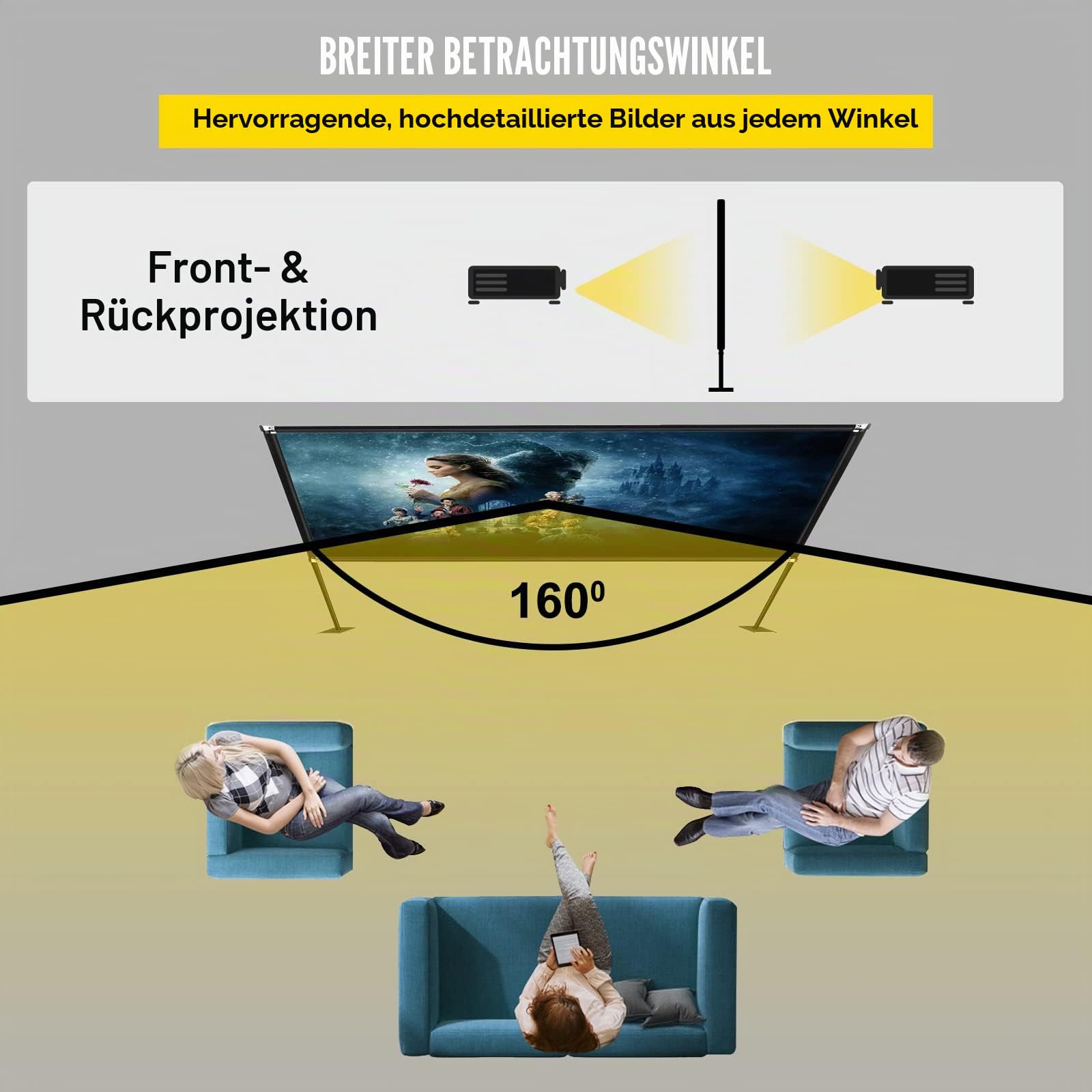 VEVOR Projektion Leinwand mit Stand 381 cm(150") Tragbare Filmleinwand 16:9 Projector Screen 347x201,9cm Mobile Beamer Leinwand 160° Betrachtungswinkel Geeignet für Heimkino Camping, Schwarz