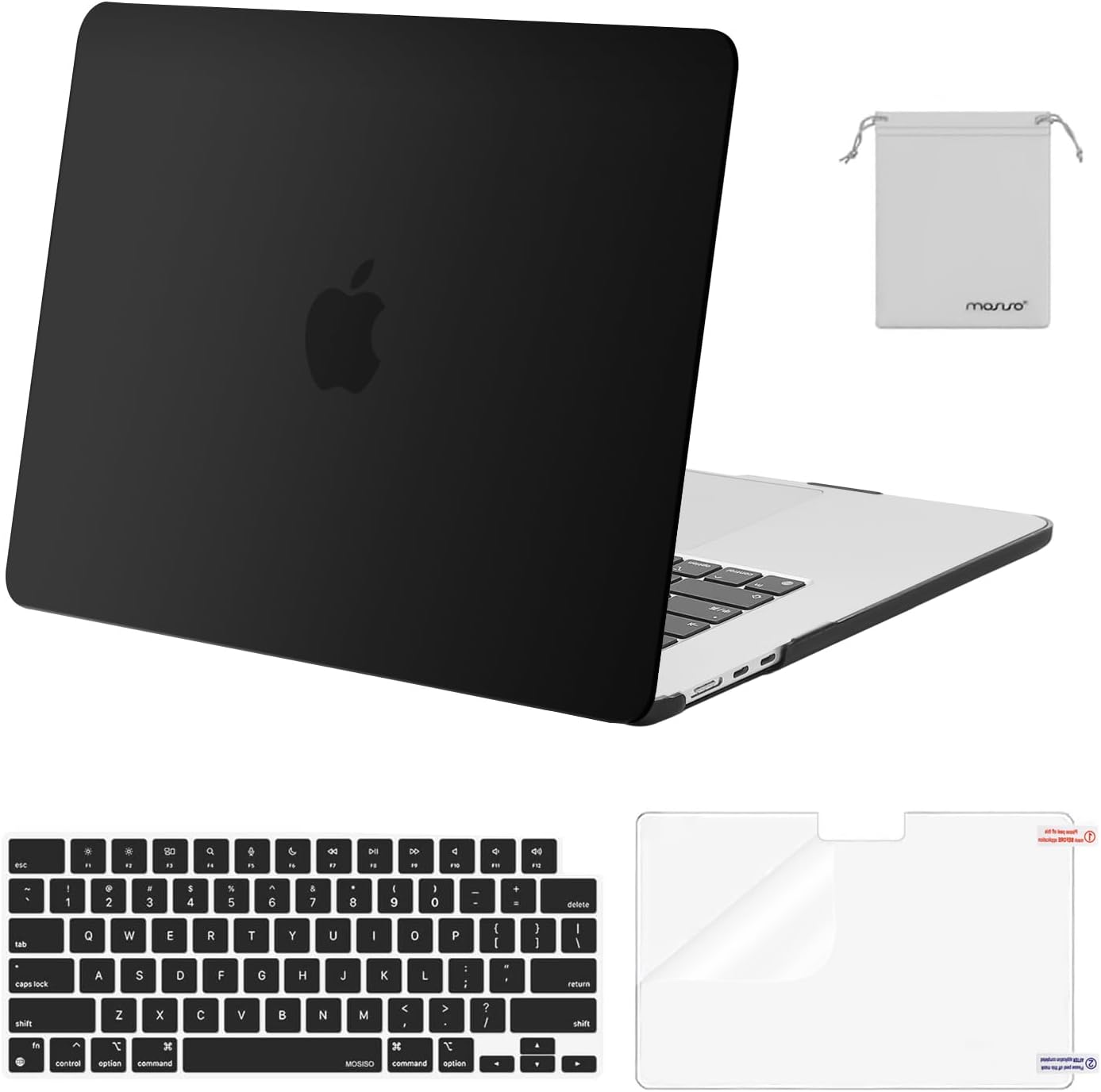 Compatible with MacBook Air 15 inch Case M4 M3 M2 2025 2024 2023 Release A3241 A3114 A2941 with Touch ID, Plastic Hard Shell Case&Keyboard Cover&Screen Protector&Storage Bag, Black