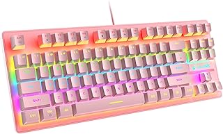K2 Mechanical Gaming Keyboard, Wired Mini 87 Keys Blue Switch Mechanical Compact Keyboard with 8 Rainbow Backlit Mode,12 Multimedia Button, 29 Keys Anti-ghosting for Gamers and Typists-Pink