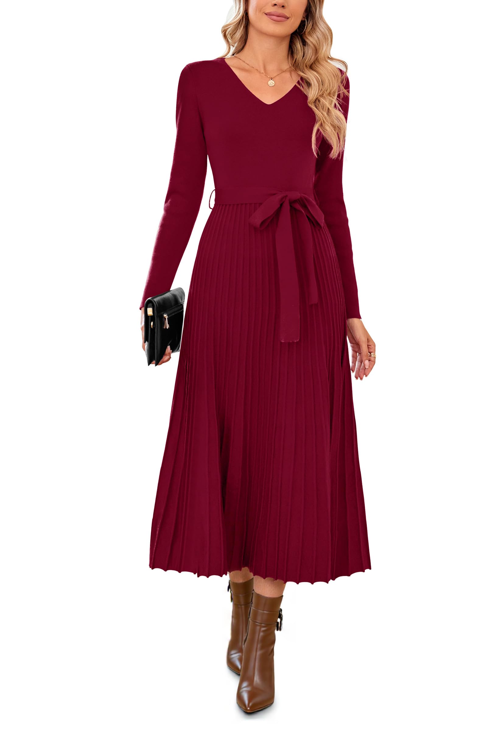 Arach Cloz Womens Wool Blend Tie Waist Pleated Fall Sweater Dress 2025